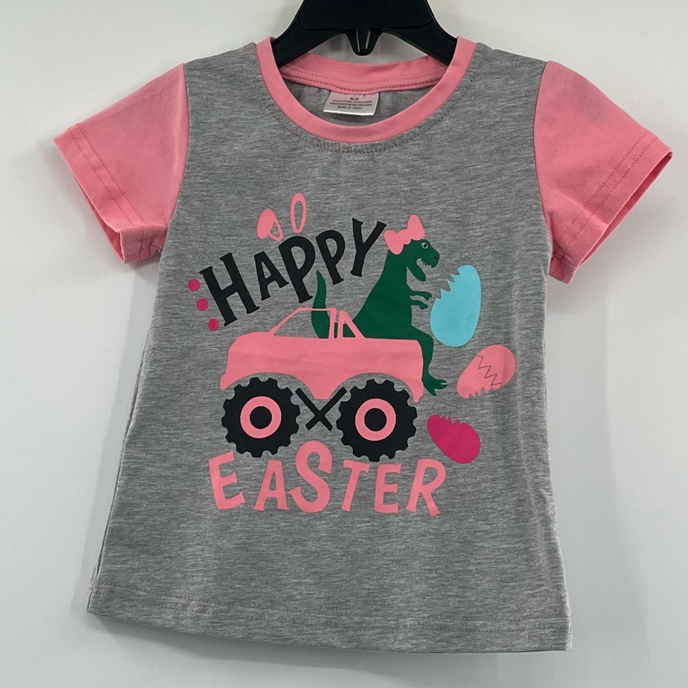 Monster Truck Girls T-Shirt Happy Easter Dinosaur Eggs XS Tee Pink Grey